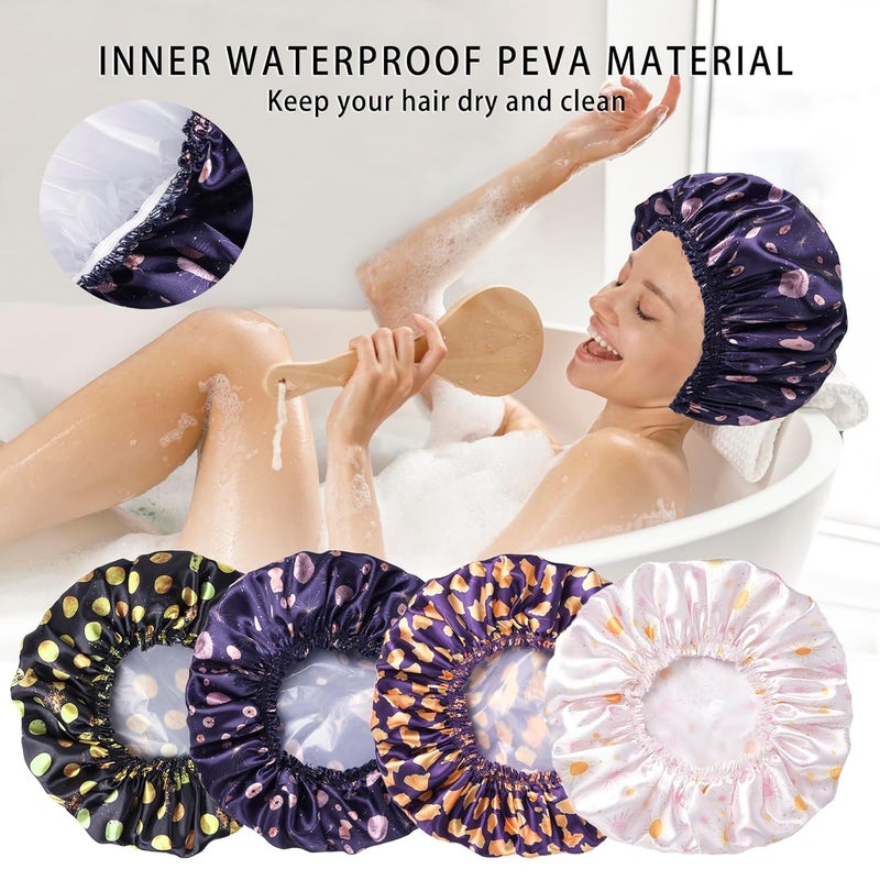 CHFONG 4 PCS Shower Cap for Women, Elastic and Reusable Bath Caps, Double Layers Shower Caps Reusable Waterproof, Bathing Shower Caps, Environmental Bath Hair Protection Cap - Ginkgo Leaf - Image 4